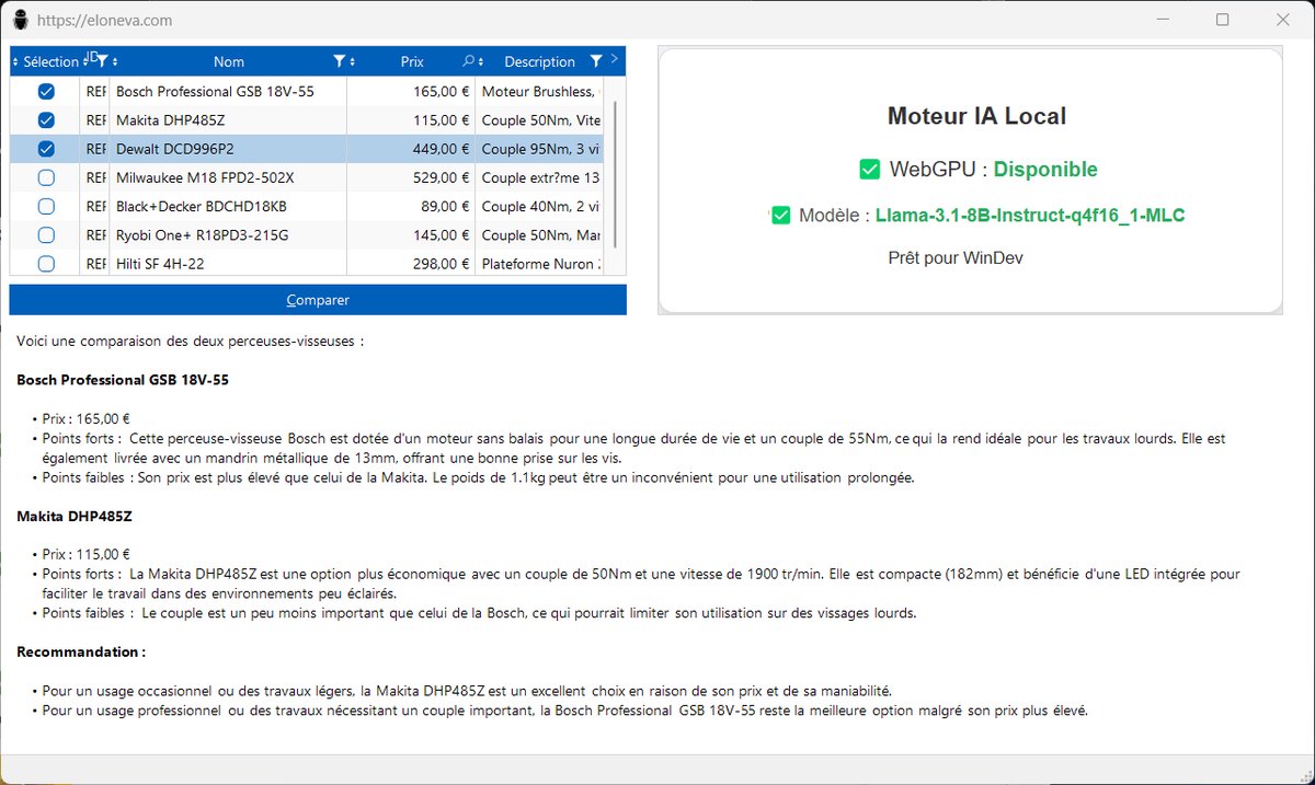 POC IA locale dans WinDev — comparatif produit généré par Llama via WebGPU dans un champ HTML